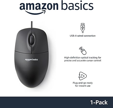 Amazon Basics 3-Button USB Wired Mouse with Scrolling and Tracking - Standard, Black